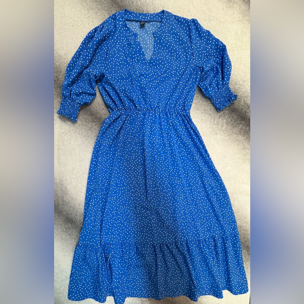 (B3) SHEIN Blue‎ Polka Dot Ruffle 3/4 Puff Sleeve Dainty Midi Dress M 6